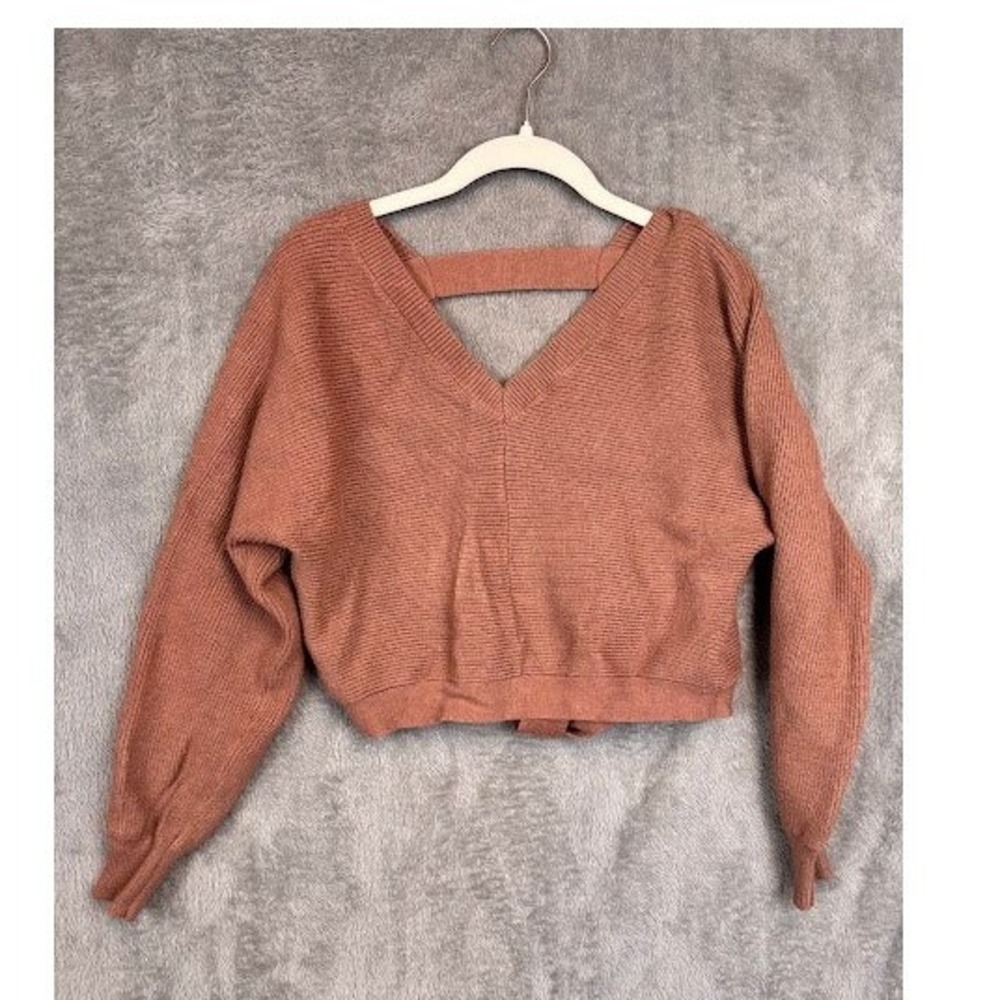 SHEIN Caramel Brown V Neck Ribbed Cropped Sweater Tie Back Cutout Size M